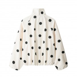 Women Long Sleeve Stand Collar Polka Dot All Match Bomber Jacket Short Coat