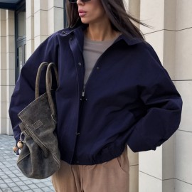 Workwear Stand Collar Jacket for Women Autumn Winter Loose Drop Shoulder Simple Office Casual Outerwear Women Clothing