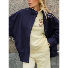 Workwear Stand Collar Jacket for Women Autumn Winter Loose Drop Shoulder Simple Office Casual Outerwear Women Clothing