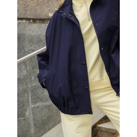 Workwear Stand Collar Jacket for Women Autumn Winter Loose Drop Shoulder Simple Office Casual Outerwear Women Clothing