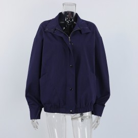 Workwear Stand Collar Jacket for Women Autumn Winter Loose Drop Shoulder Simple Office Casual Outerwear Women Clothing