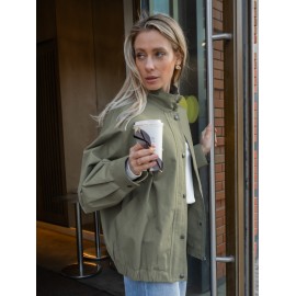 Workwear Stand Collar Jacket for Women Autumn Winter Loose Drop Shoulder Simple Office Casual Outerwear Women Clothing