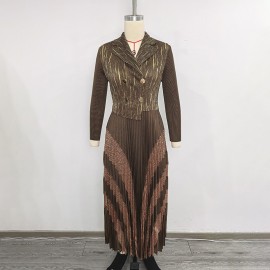 Faux Two Piece Long Dress Gold Pattern Set Collar Tight Waist Slimming Pleated Autumn Dress for Women