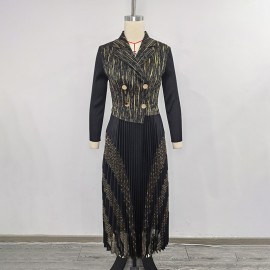 Faux Two Piece Long Dress Gold Pattern Set Collar Tight Waist Slimming Pleated Autumn Dress for Women