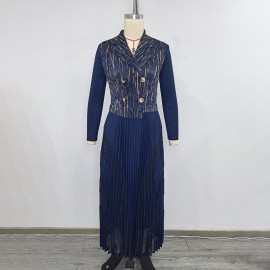 Faux Two Piece Long Dress Gold Pattern Set Collar Tight Waist Slimming Pleated Autumn Dress for Women