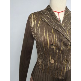 Faux Two Piece Long Dress Gold Pattern Set Collar Tight Waist Slimming Pleated Autumn Dress for Women