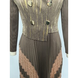 Faux Two Piece Long Dress Gold Pattern Set Collar Tight Waist Slimming Pleated Autumn Dress for Women