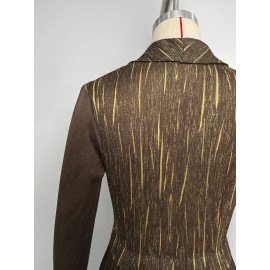 Faux Two Piece Long Dress Gold Pattern Set Collar Tight Waist Slimming Pleated Autumn Dress for Women