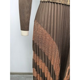 Faux Two Piece Long Dress Gold Pattern Set Collar Tight Waist Slimming Pleated Autumn Dress for Women