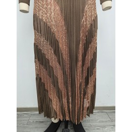Faux Two Piece Long Dress Gold Pattern Set Collar Tight Waist Slimming Pleated Autumn Dress for Women