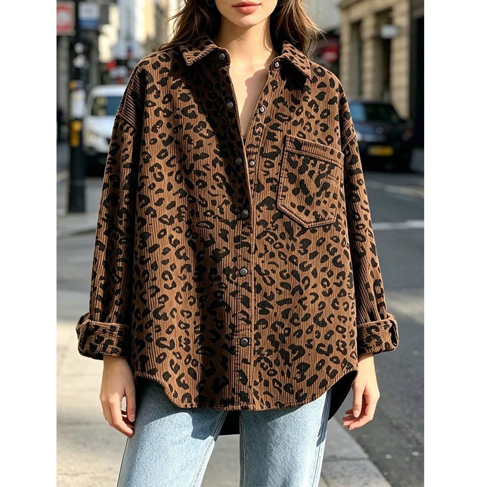 Autumn Women Clothing Autumn Vintage Corduroy Printed Leopard Print Loose Shirt