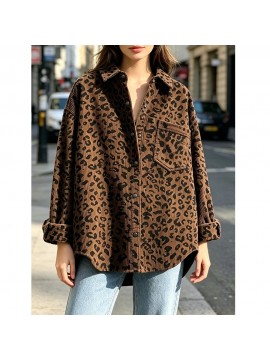 Autumn Women Clothing Autumn Vintage Corduroy Printed Leopard Print Loose Shirt
