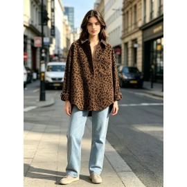 Autumn Women Clothing Autumn Vintage Corduroy Printed Leopard Print Loose Shirt