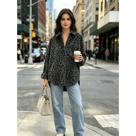 Autumn Women Clothing Autumn Vintage Corduroy Printed Leopard Print Loose Shirt