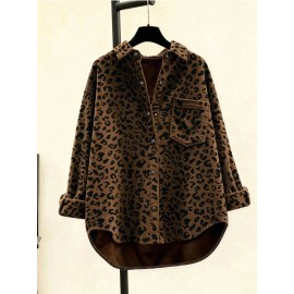 Autumn Women Clothing Autumn Vintage Corduroy Printed Leopard Print Loose Shirt