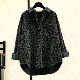 Autumn Women Clothing Autumn Vintage Corduroy Printed Leopard Print Loose Shirt