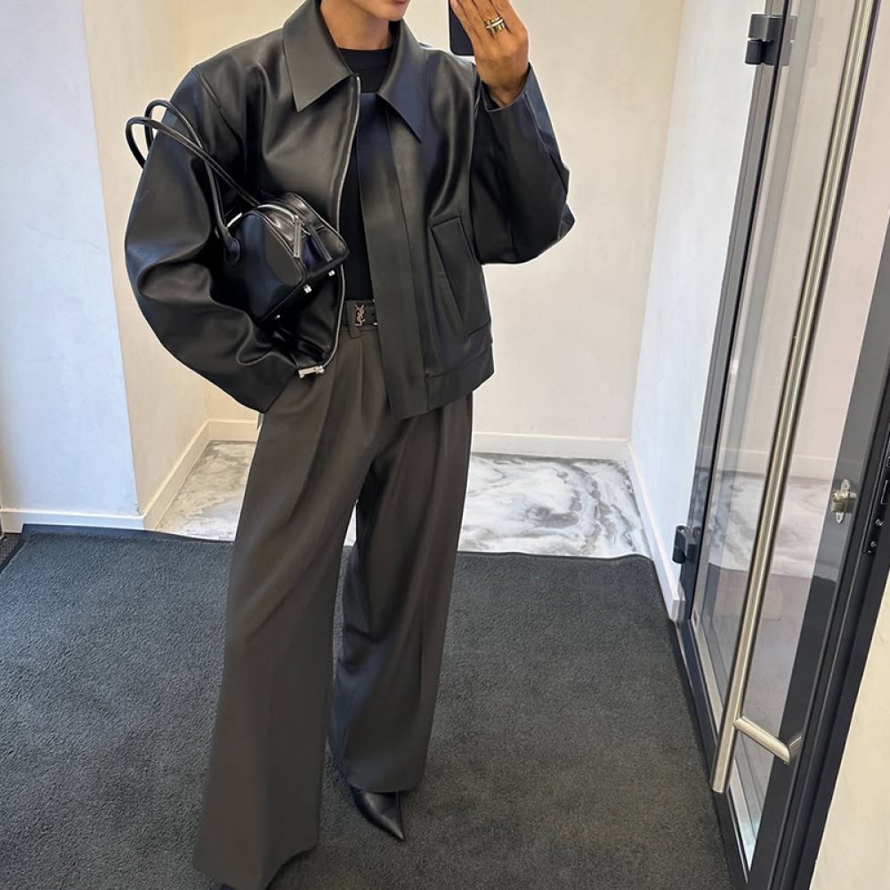 Spring Office Collared Faux Leather Coat Leather Coat