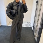 Spring Office Collared Faux Leather Coat Leather Coat