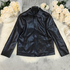 Spring Office Collared Faux Leather Coat Leather Coat