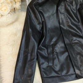 Spring Office Collared Faux Leather Coat Leather Coat