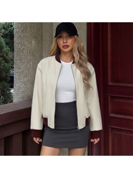 Retro Contrast Color Stand up Collar Zipper Short Varsity Jacket