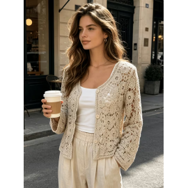 Women Solid Color SpringAutumn Single Button Knitted Cardigan