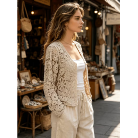 Women Solid Color SpringAutumn Single Button Knitted Cardigan