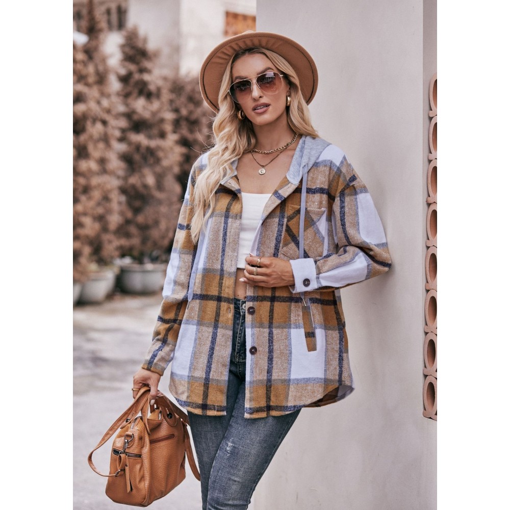 Autumn Winter Women Clothing Hooded Casual Coat Casual Mid Length Plaid Shirt for Women