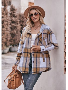 Autumn Winter Women Clothing Hooded Casual Coat Casual Mid Length Plaid Shirt for Women