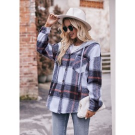 Autumn Winter Women Clothing Hooded Casual Coat Casual Mid Length Plaid Shirt for Women