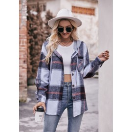 Autumn Winter Women Clothing Hooded Casual Coat Casual Mid Length Plaid Shirt for Women