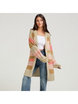 Autumn Winter Color Matching Slit Long Sleeve Coat Cardigan Sweater