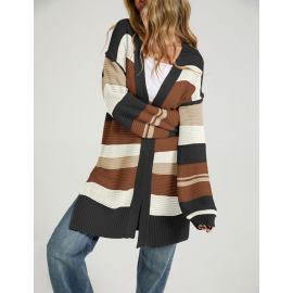 Autumn Winter Color Matching Slit Long Sleeve Coat Cardigan Sweater