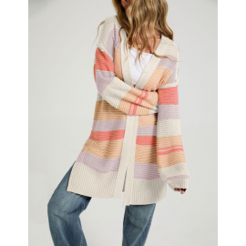 Autumn Winter Color Matching Slit Long Sleeve Coat Cardigan Sweater