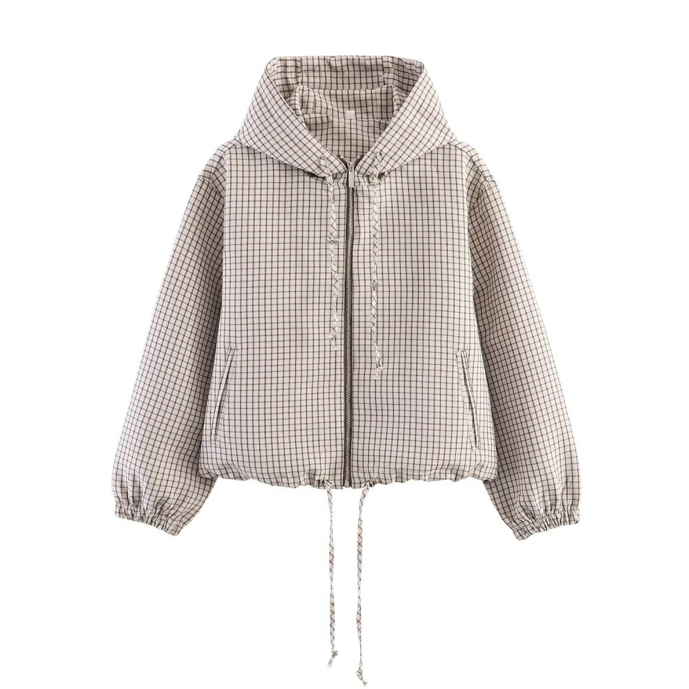 Autumn Fashionable All Match Plaid Hooded Zipper Office Jacket