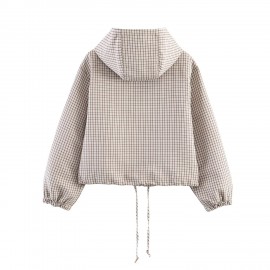Autumn Fashionable All Match Plaid Hooded Zipper Office Jacket