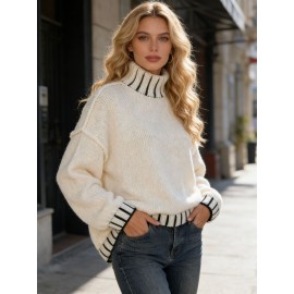Autumn Winter Half Turtleneck Hook Line Color Collision Design Loose Office Pullover Sweater for Women