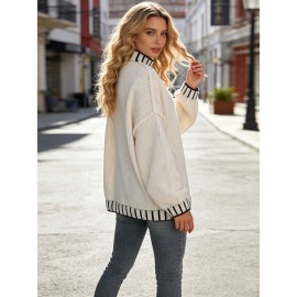 Autumn Winter Half Turtleneck Hook Line Color Collision Design Loose Office Pullover Sweater for Women