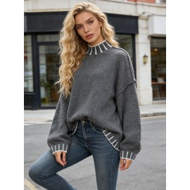 Autumn Winter Half Turtleneck Hook Line Color Collision Design Loose Office Pullover Sweater for Women