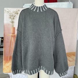 Autumn Winter Half Turtleneck Hook Line Color Collision Design Loose Office Pullover Sweater for Women