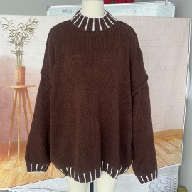 Autumn Winter Half Turtleneck Hook Line Color Collision Design Loose Office Pullover Sweater for Women