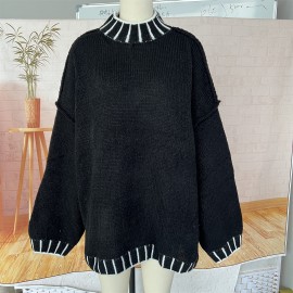 Autumn Winter Half Turtleneck Hook Line Color Collision Design Loose Office Pullover Sweater for Women