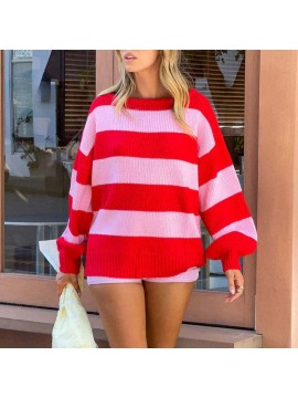 Striped Sweater Autumn Winter Crew Neck Casual Loose Pullover Sweater