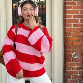 Striped Sweater Autumn Winter Crew Neck Casual Loose Pullover Sweater