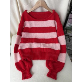Striped Sweater Autumn Winter Crew Neck Casual Loose Pullover Sweater