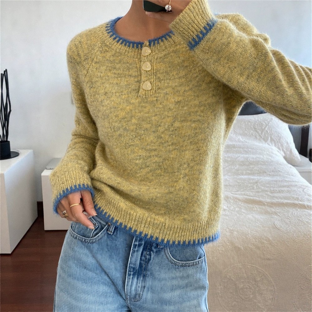 Multi Color Contrast Color Lock Sweater Half Cardigan Button Knitted Pullover Autumn Winter Women Sweater