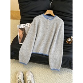 Multi Color Contrast Color Lock Sweater Half Cardigan Button Knitted Pullover Autumn Winter Women Sweater