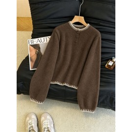 Multi Color Contrast Color Lock Sweater Half Cardigan Button Knitted Pullover Autumn Winter Women Sweater