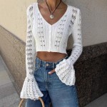 Hollow Out Cutout out Short Knitted Cardigan Women Sexy Flare Sleeve Solid Color Top