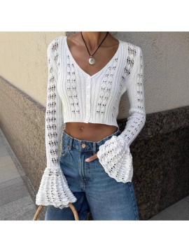 Hollow Out Cutout out Short Knitted Cardigan Women Sexy Flare Sleeve Solid Color Top